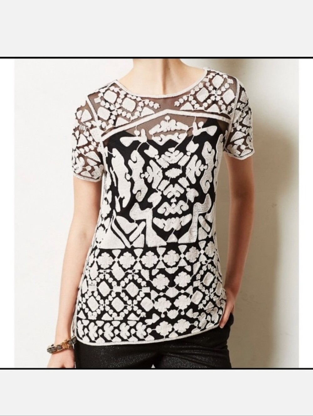 Anthropologie Everleigh Rococo Sheer Embroidered Mesh Short-Sleeve Top